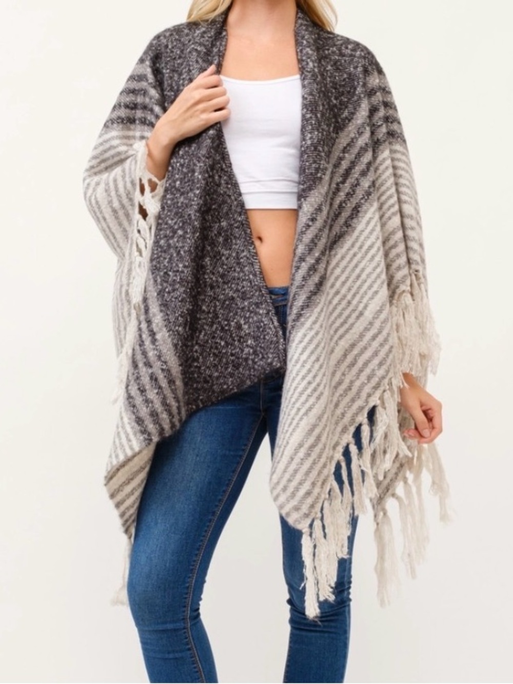 Raj Neutral Two-Tone Faux Mohair Fringe Poncho in Gray and Cream